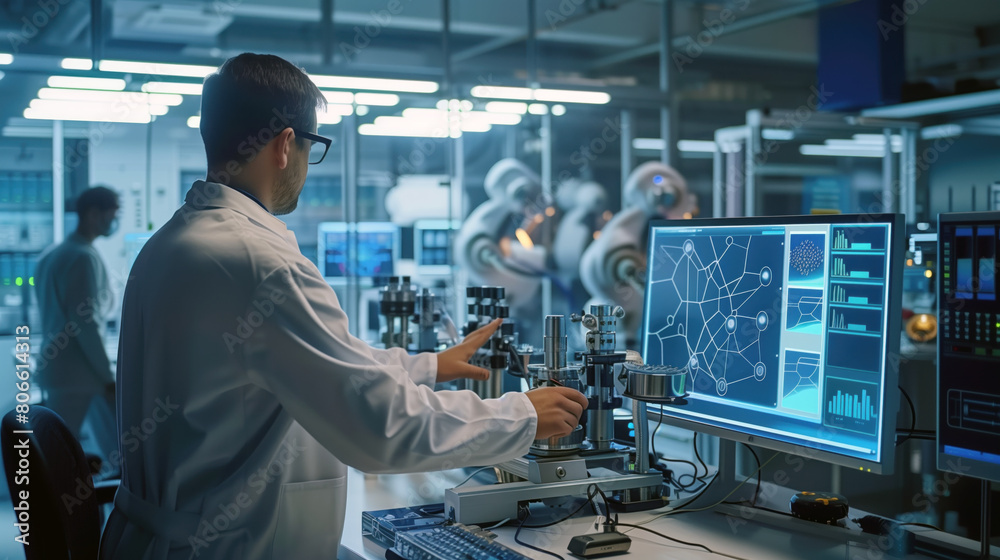 Engineer monitoring and analyzing network data on a computer in a laboratory filled with advanced equipment Engineer monitoring and analyzing network data on a computer in a laboratory filled with advanced equipment