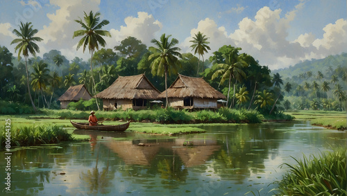 Tranquil village life surrounded by greenery and a winding river.