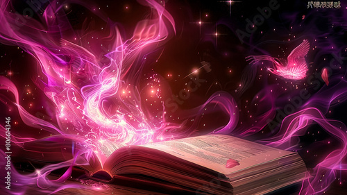 book with pink fire and stars  in the style of nightcore  love and romance  flowing forms 