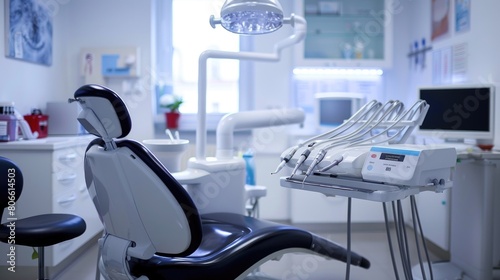 Modern dental clinic interior with dental chair and equipment.