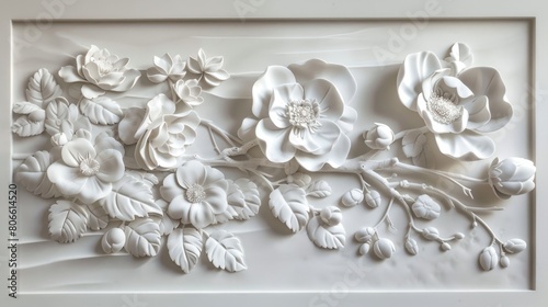 White bas-relief of flowers on framed panel. 3D wall art and floral design concept.