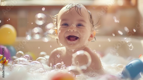 A baby splashing happily in a bubble bath, surrounded by sudsy bubbles and bath toys, with a big smile on their face. 