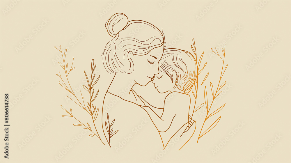 A simple line drawing of mother and child A simple line drawing of mother and child