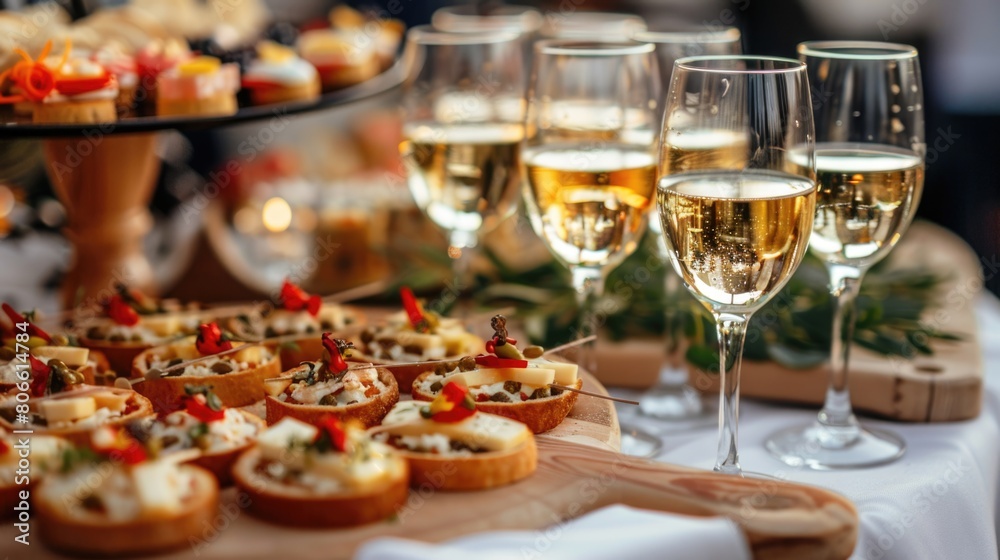 Champagne flutes and appetizers on a reflective surface. Champagne flutes and appetizers on a reflective surface.