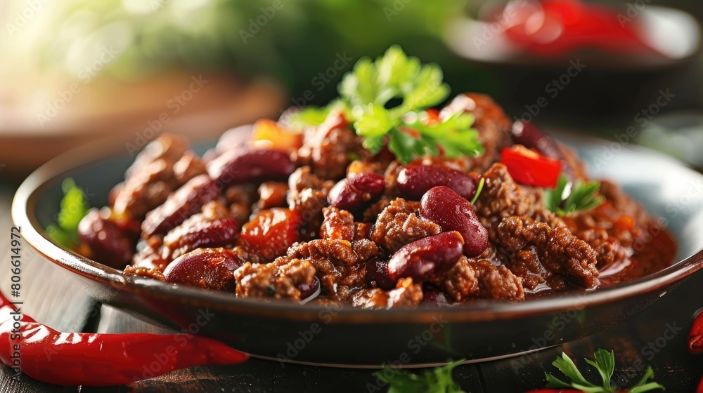 Hearty beef chili with beans and tomatoes garnished with fresh herbs. Close-up food photography. Hearty beef chili with beans and tomatoes garnished with fresh herbs. Close-up food photography.