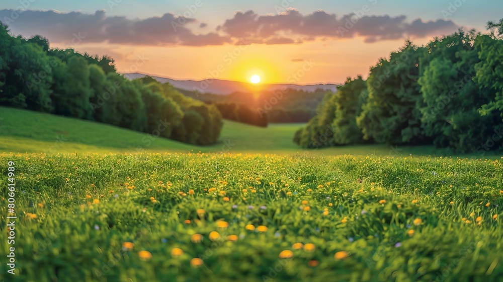 Obraz premium Marketing poster for ecofriendly meat, highlighting environmental benefits with lush landscapes and healthy animals