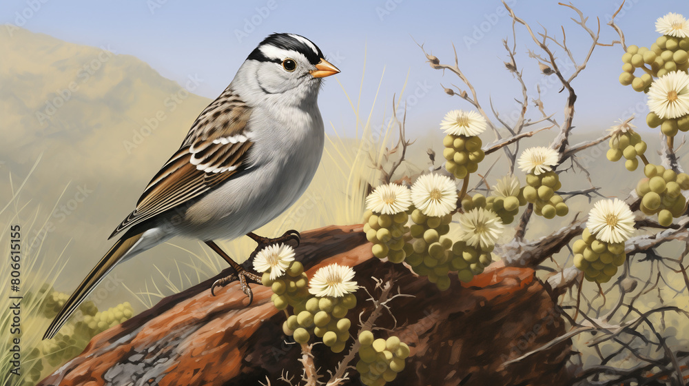 a sparrow on a branch of a tree flowers in mountains