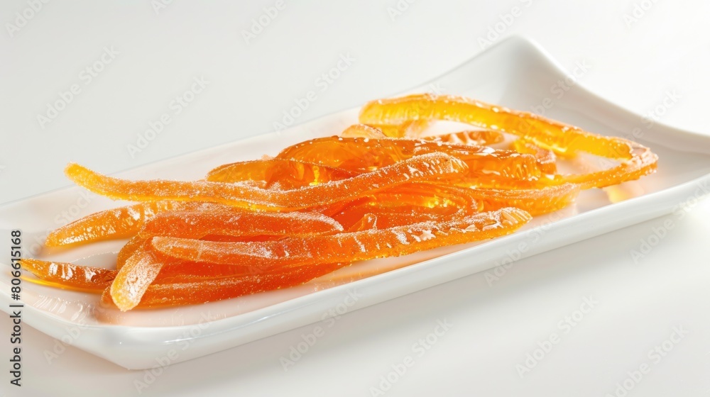 Candied orange slices on a white plate. Food photography. Sweet snacks and dessert concept Candied orange slices on a white plate. Food photography. Sweet snacks and dessert concept