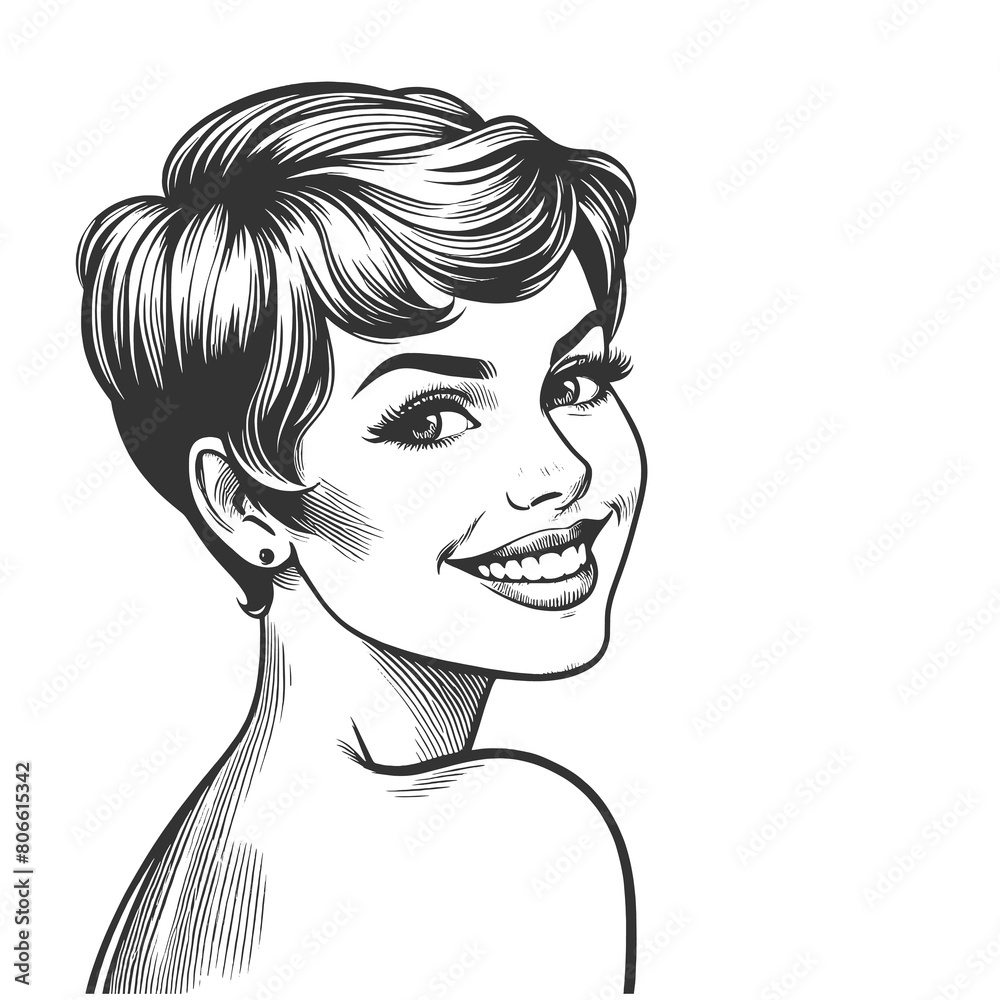 cheerful retro woman featuring a stylish pixie haircut, exuding timeless grace and happiness in a classic style sketch engraving generative ai fictional character raster illustration. cheerful retro woman featuring a stylish pixie haircut, exuding timeless grace and happiness in a classic style sketch engraving generative ai fictional character raster illustration.