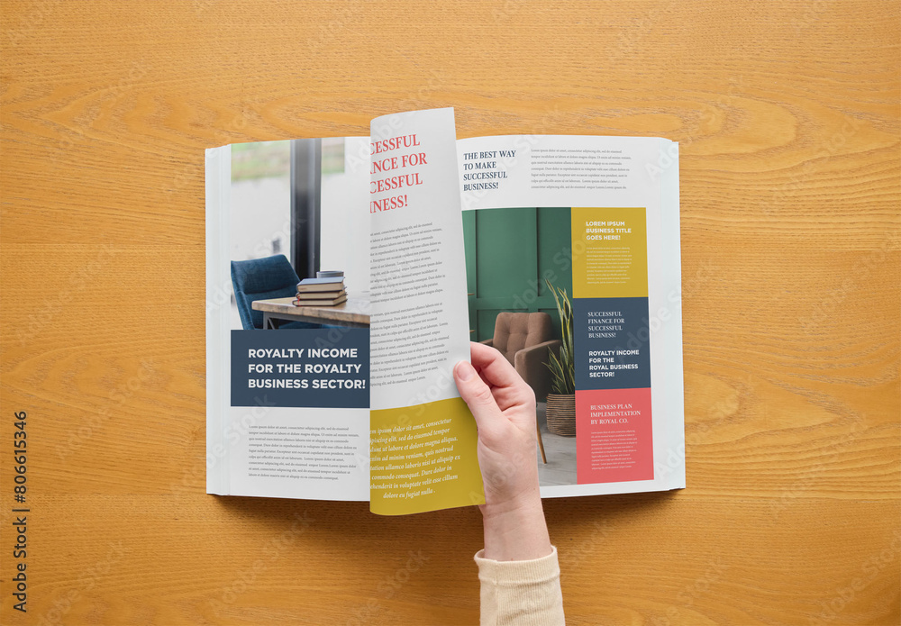 Mockup of person turning page of customizable A4 magazine Stock ...