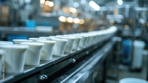 Automated yogurt filling process in industrial production line. photo