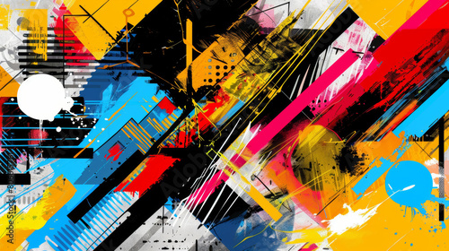 Contemporary digital art featuring dynamic geometric shapes in vivid  contrasting colors  evoking movement and energy.