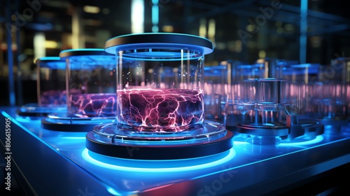 3Drendered image of manmade beef growing in a laboratory beaker, surrounded by scientific equipment and digital data panels
