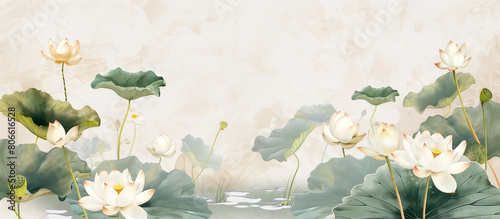 white beige minamlism luxury lotus pattern golden line banner background
