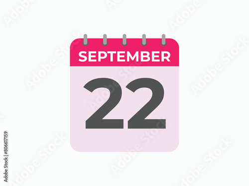 September  22 calendar reminder. 22 September  daily calendar icon template. Calendar 22 September  icon Design template. Vector illustration
