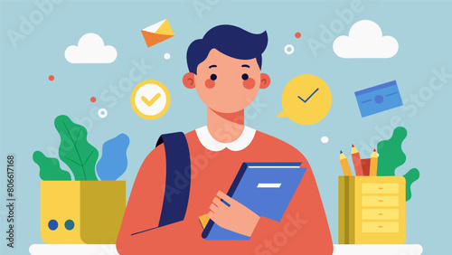 A student with a determined expression on their face determined to create a budget plan that allows them to save for a study abroad trip.. Vector illustration