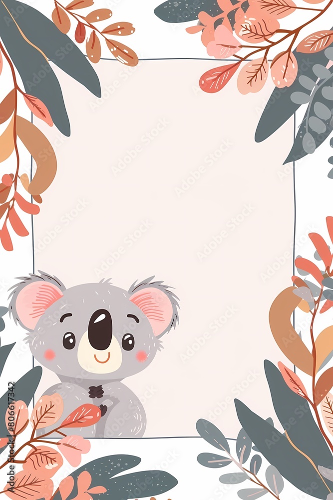Tropical leaf background with cute koala frame. Frame with branches of a tree. Frame with leaves Tropical leaf background with cute koala frame. Frame with branches of a tree. Frame with leaves