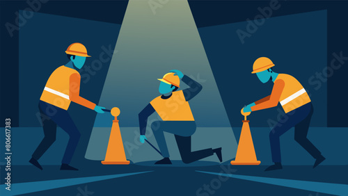 Hardhatted construction workers working under the floodlights their shadows dancing on the ground.. Vector illustration