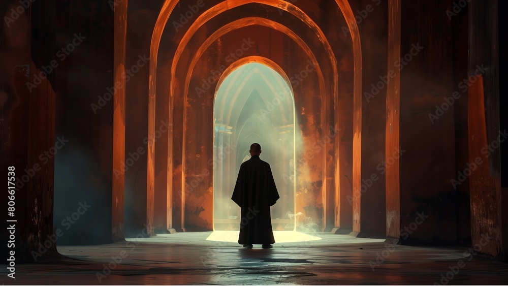 A man in a black robe standing inside an ancient temple, with light streaming through the arched doorways illuminating his silhouette, creating a mystical and spiritual atmosphere