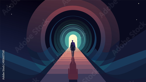 A person standing in a dark tunnel but with a faint glimmer of light at the end representing the Stoic belief in finding hope and purpose even in the. Vector illustration