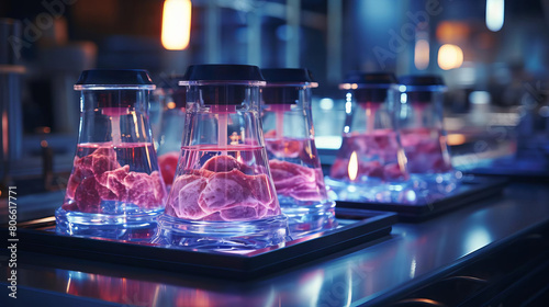 High-tech laboratory showcasing the growth of a lab steak within an Erlenmeyer flask, under the scrutiny of robotic arms and scientific analysis photo