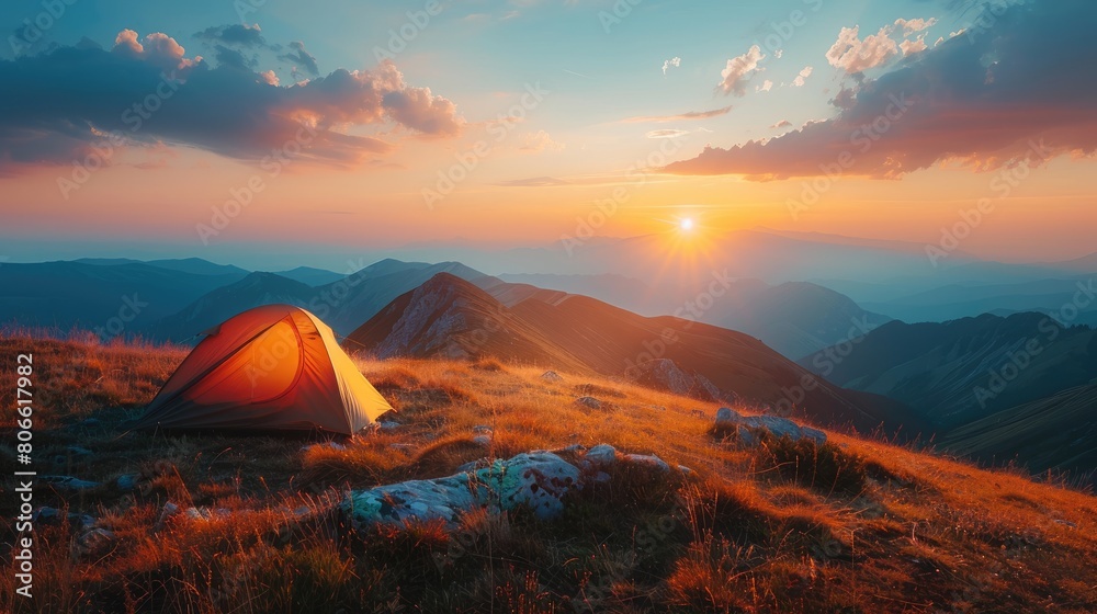 Sunset view with tent on mountain ridge