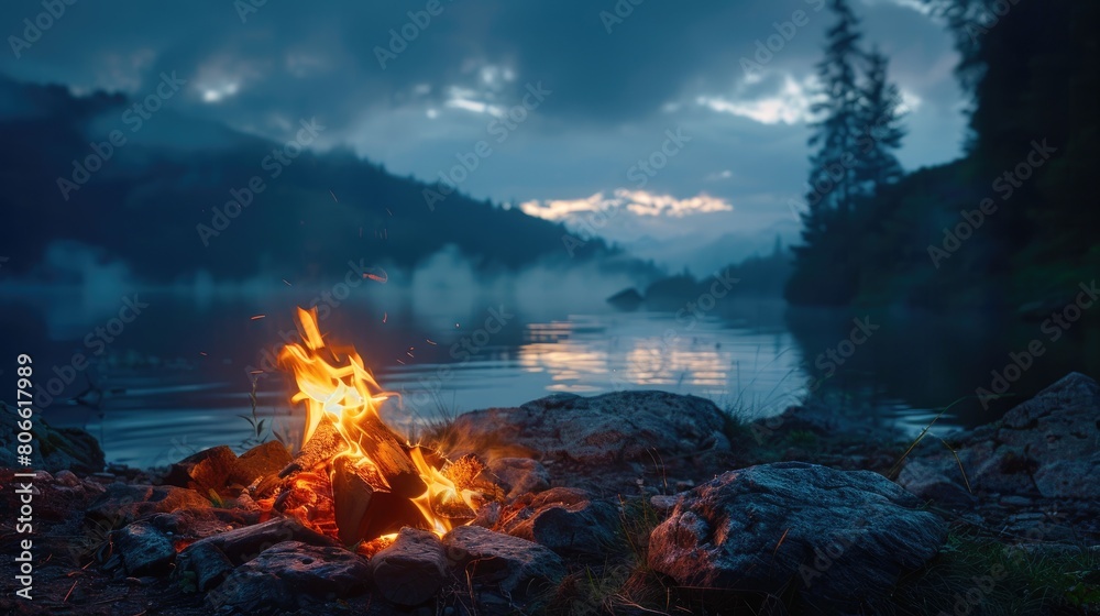 Blazing campfire in a dark forest at night Blazing campfire in a dark forest at night