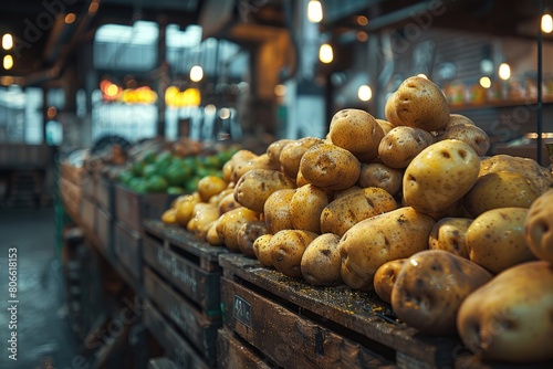 Potatoes on display in a market photo