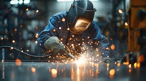 Industrial welder with torch in the factory