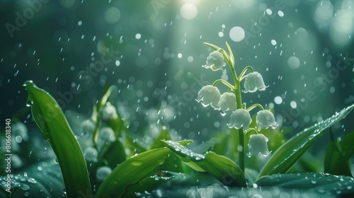 White lily of the valley flowers. Convallaria majalis forest flowering plant with raindrops.
