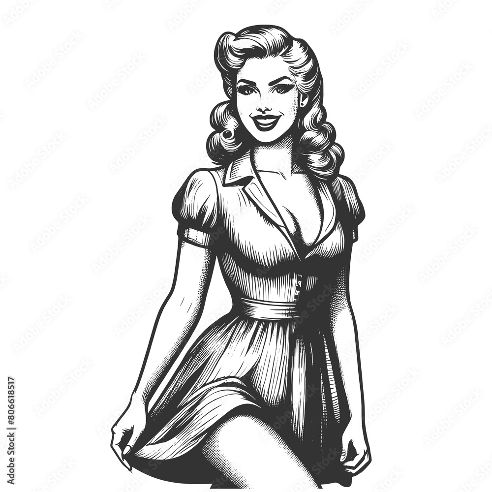 pop art style illustration of a smiling woman with a retro hairstyle sketch engraving generative ai fictional character raster illustration. Scratch board imitation. Black and white image.
