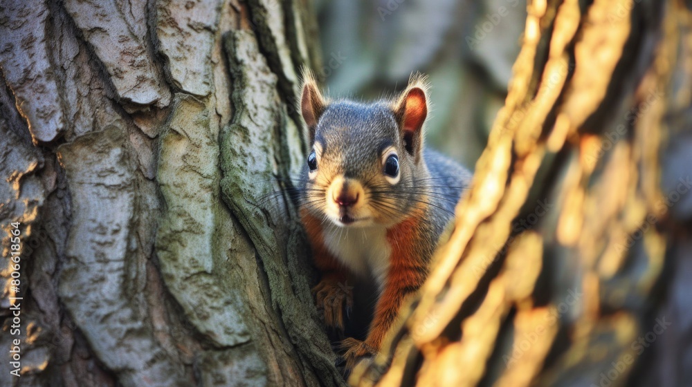 Fototapeta premium Red squirrel close up on tree