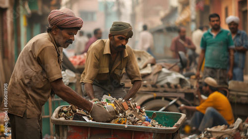 Men working together to sort and dispose of garbage on a busy street