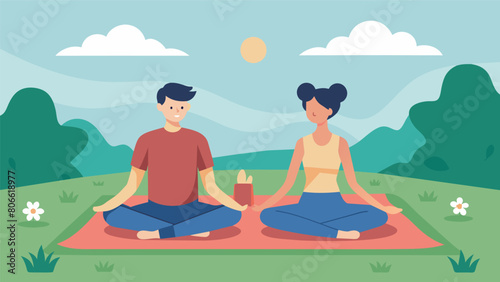 A young couple meditating on a picnic blanket in a peaceful meadow using the practice to strengthen their bond and deepen their connection..