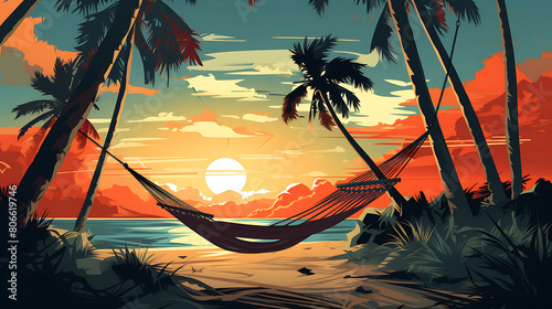 A vector graphic of a hammock strung between palm trees. photo