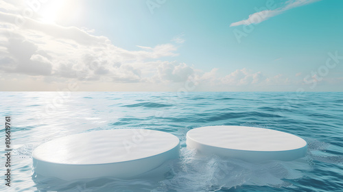 White round podium floating on blue water surface. Vector realistic 3d mockup of empty pedestal for display product on water ripples backdrop, skincare and medicine advertisement.