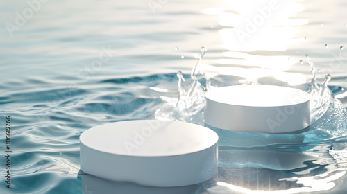 White round podium floating on blue water surface. Vector realistic 3d mockup of empty pedestal for display product on water ripples backdrop, skincare and medicine advertisement.