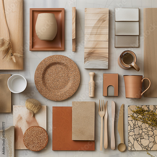 Brown color object palette. Material concept board with natural color. Stone, clay, cork objects for natural interior concept board