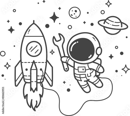astronaut repairing rocket - Coloring page for children. Hand drawing vector illustration in black outline on a white background.