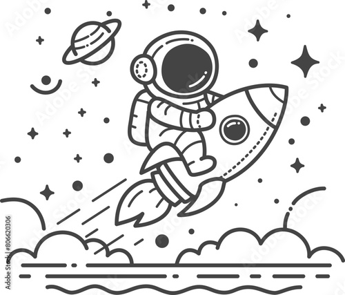 Astronaut rides a rocket on an adventure in space. - Coloring page for children. Hand drawing vector illustration in black outline on a white background.