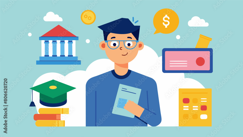 A student looks at their bank account balance relieved to see that by living frugally and sticking to a budget they can make their student loan. Vector illustration A student looks at their bank account balance relieved to see that by living frugally and sticking to a budget they can make their student loan. Vector illustration