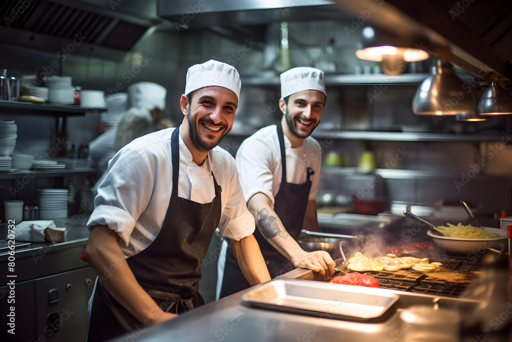 Two male chefs preparing food in a kitchen of a restaurant