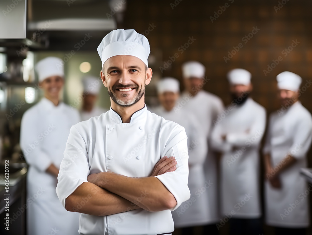 Portrait of a handsome male chef with defocused other teammates