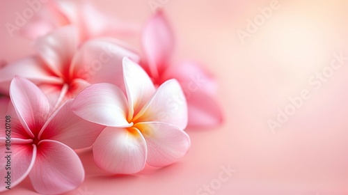 Pink frangipani flowers on a pastel background with copy space,alongside a pink plumeria flower.