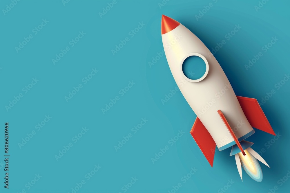Rocket launch concept on a vibrant blue background Rocket launch concept on a vibrant blue background
