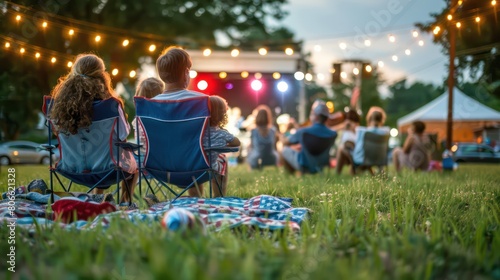 A family sitting on lawn chairs and blankets, watching a live outdoor concert featuring patriotic music in honor of Independence Day. 