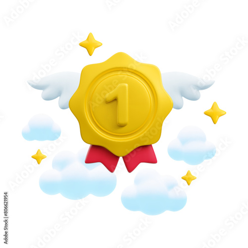 Vector cartoon 3d medal with number one, red ribbons, wings and clouds realistic icon. Trendy flying gold round first place award, cute winner badge sign. 3d render quality badge illustration.