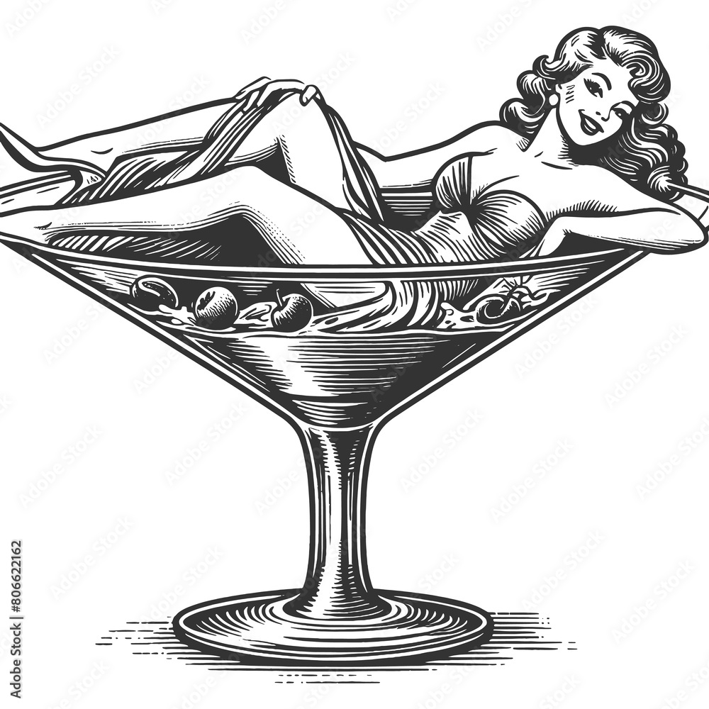 smiling pin up girl in martini glass, reminiscent of classic 1950s ...