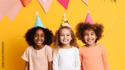 Joyful three multiethnic children celebrating birthday party.