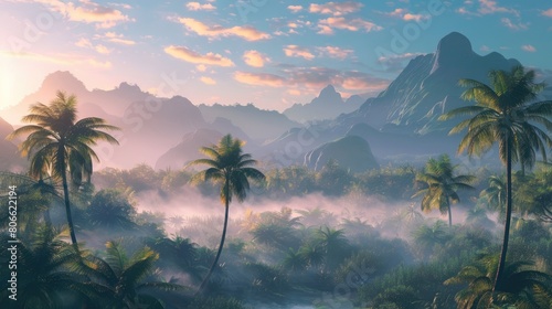 Panoramic view of beautiful rainforest. Beautiful sky  mountains and jungle. Aerial view. Prehistoric earth. Ai-generated.